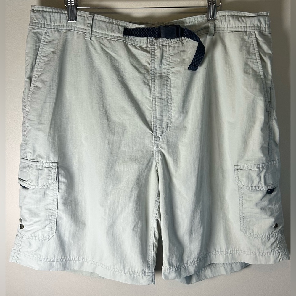 Lands' End Swim Shorts Men XXL Light Blue Cargo Trunks Belted Mesh Lined Pockets